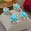 28ctw Oval Cut Turquoise Bohemian Style Drop Earrings