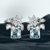 16ctw Emerald Cut Aquamarine Flower Cluster Stud Earrings