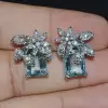 16ctw Emerald Cut Aquamarine Flower Cluster Stud Earrings