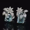 16ctw Emerald Cut Aquamarine Flower Cluster Stud Earrings