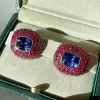 10ctw Tanzanite Blue Sapphire and Ruby Paved Stud Earrings
