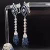 35ctw Invisible-set Princess Cut Blue Sapphrie Drop Earrings