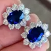 2ct Oval Cut Halo Blue Sapphire Stud Earrings