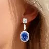 6.5ct Oval Cut Blue Sapphire Halo Drop Earrings