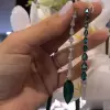 3.95ct Mismatch Shield Cut Emeralds White Sapphire Drop Earrings