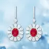 14ctw Halo Oval Cut Ruby Flower Drop Earrings