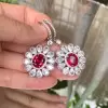 14ctw Halo Oval Cut Ruby Flower Drop Earrings