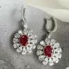 14ctw Halo Oval Cut Ruby Flower Drop Earrings