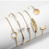 Yellow Gold Feather Geometric 5-piece Bracelet Set