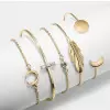 Yellow Gold Feather Geometric 5-piece Bracelet Set
