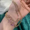 Pear Cut Pink Sapphire Flower Layered Necklace in Gold