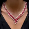 65ctw White Sapphire and Oval Cut Ruby Two-row V Necklace