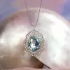 15ct Oval Cut Aquamarine Pearl Halo Vintage Pendant Necklace