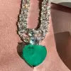 20ct Huge Heart Cut Emerald Two Row Statement Necklace