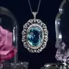 15ct Oval Cut Aquamarine Pearl Halo Vintage Pendant Necklace