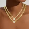 Simple Cuban Link Chain Bezel Set Pendant Necklace