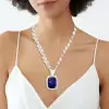 14ct Halo Cushion Cut Blue Sapphire Double-Layer Chain Necklace