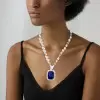 14ct Halo Cushion Cut Blue Sapphire Double-Layer Chain Necklace