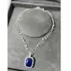 14ct Halo Cushion Cut Blue Sapphire Double-Layer Chain Necklace