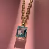 25ct Huge Emerald Cut Aquamarine Link Chain Necklace