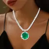 20ct Hexagon Cut Emerald Halo Pendant Statement Necklace