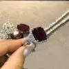 Cushion Cut Ruby Earrings Ring and Necklace Jewelry Set