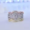 Handmade 3 Tone Halo Round Cut Ring With 2 Bands