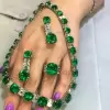 Cushion Cut Emerald Necklace & Earrings & Ring 3pcs Jewelry Set