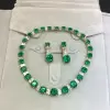 Cushion Cut Emerald Necklace & Earrings & Ring 3pcs Jewelry Set