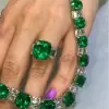 Cushion Cut Emerald Necklace & Earrings & Ring 3pcs Jewelry Set