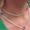 Flower Design Ruby Necklace & Earrings Jewelry Set