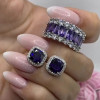 Emerald Cut Amethyst Eternity Band&Earring Stud Jewelry Set/2pcs