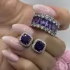 Emerald Cut Amethyst Eternity Band&Earring Stud Jewelry Set/2pcs