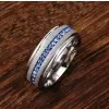 Handmade 8mm Titanium Steel  Blue Sapphire Men's Ring Band