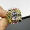 9.5ct Asscher Cut Halo Rainbow Sapphire Firework Cocktail Ring