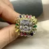 9.5ct Asscher Cut Halo Rainbow Sapphire Firework Cocktail Ring