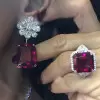 Cushion Cut Ruby Earrings Ring and Necklace Jewelry Set