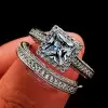 Handmade 2 Ct Halo Princess Cut Sterling Silver Ring Set