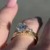 Handmade Yellow Gold Round Cut 3pcs Sterling Silver Ring Set