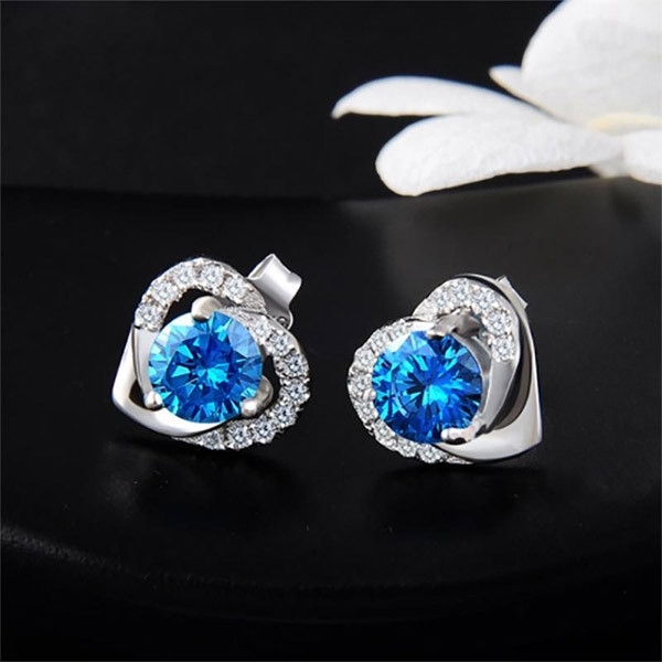 Round Cut Blue Sapphire Heart Shape Stud Earrings