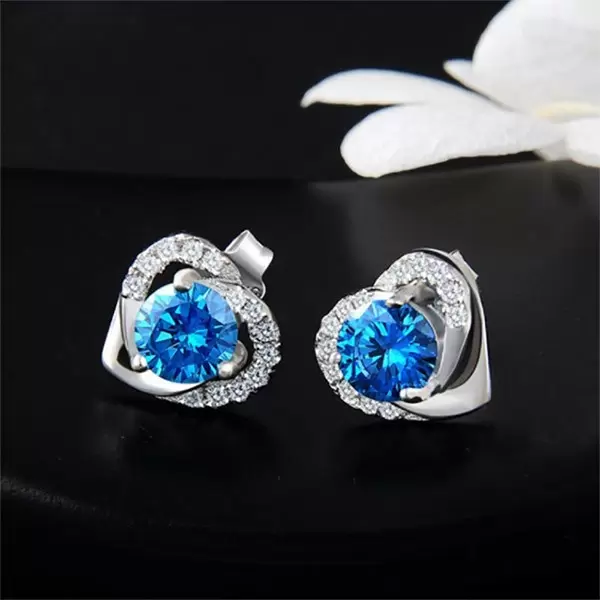 Round Cut Blue Sapphire Heart Shape Stud Earrings