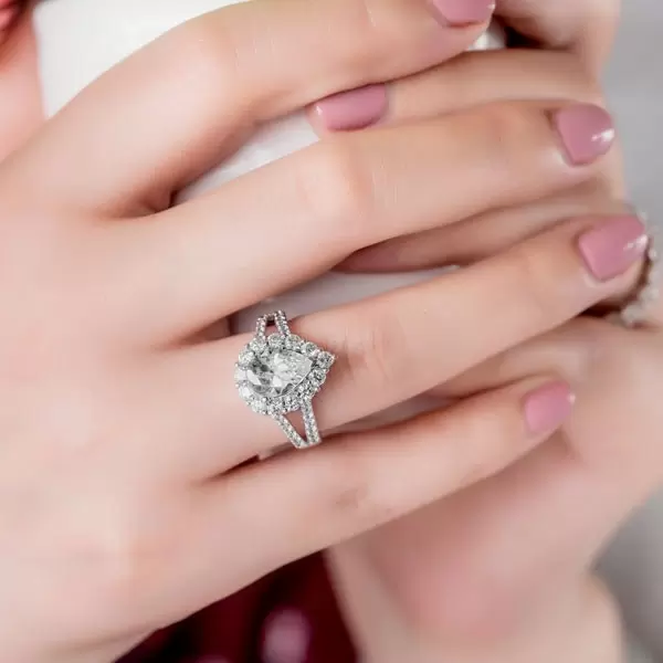 Handmade 2 ct Halo Pear Cut Split Shank Engagement Ring