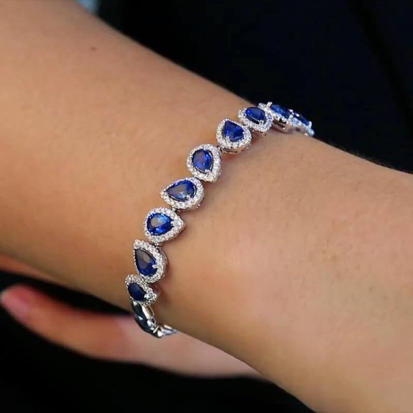 5.71ct Pear Cut Pave Halo Sapphire Bracelet