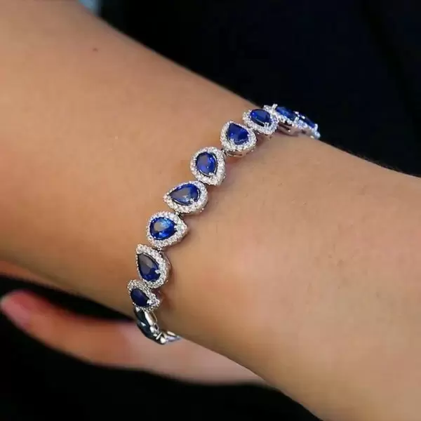 5.71ct Pear Cut Pave Halo Sapphire Bracelet