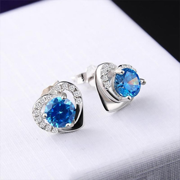 Round Cut Blue Sapphire Heart Shape Stud Earrings