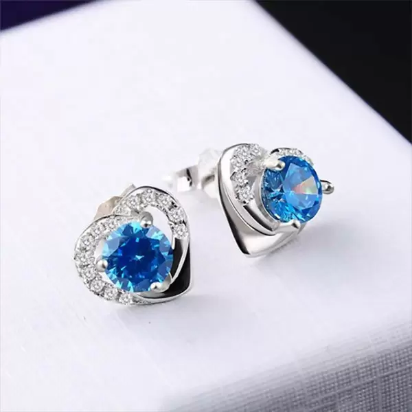 Round Cut Blue Sapphire Heart Shape Stud Earrings
