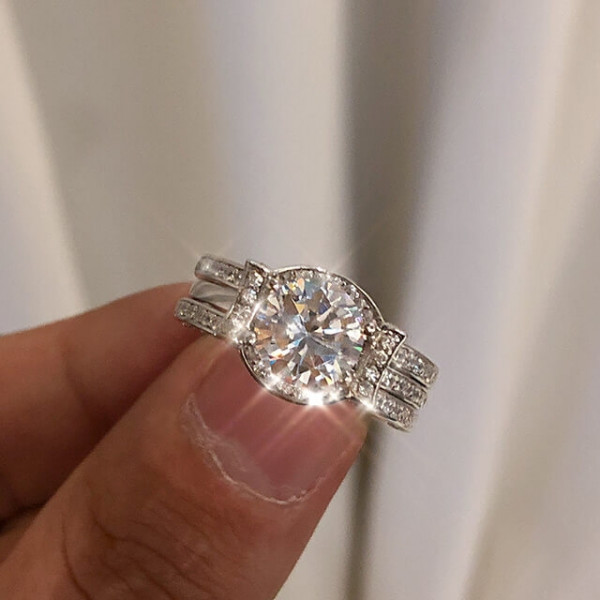 Handmade 1.5 ct Round Cut 925 Sterling Silver Ring Set