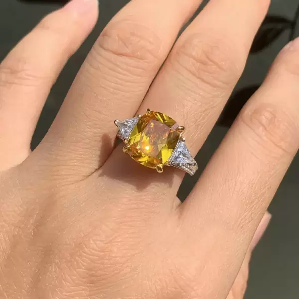 6ct Cushion Cut Yellow Sapphire Three Stone Engagement Ring