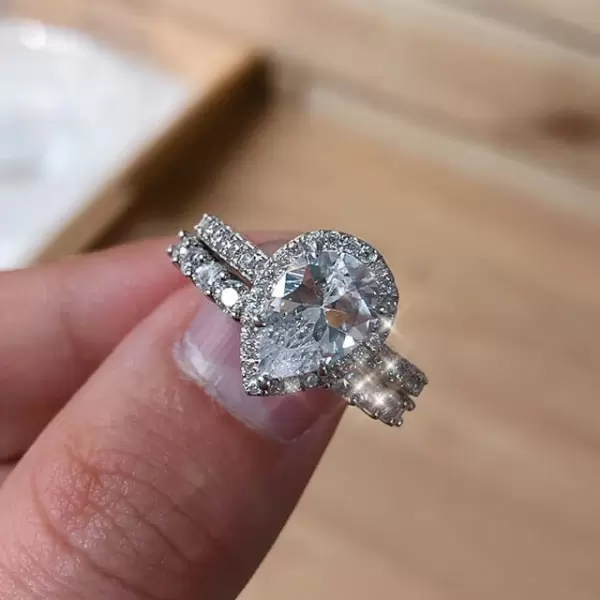 Handmade Halo 2 ct Pear Cut Wedding Set