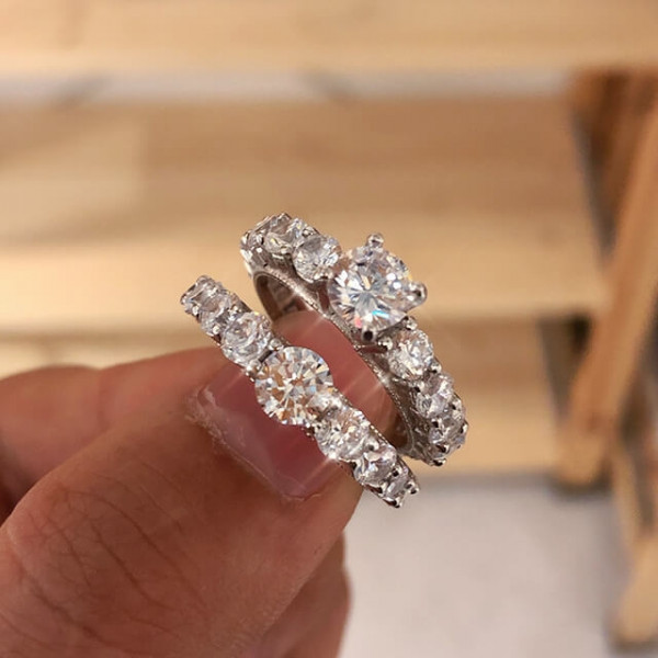 Handmade 0.8 ct Round Cut Sterling Silver 2 Pieces Wedding Set